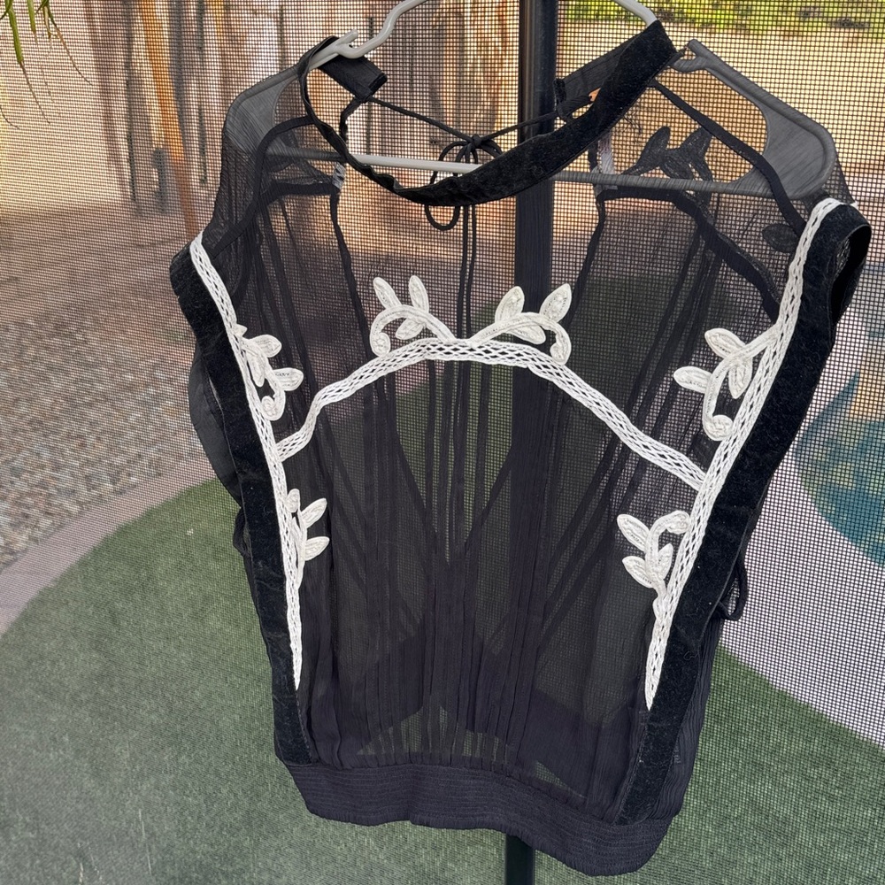 Free People Black Sheer Blouse with White Floral Accents